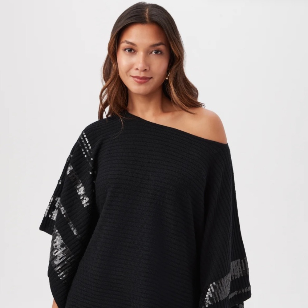 Trina Turk Off-Shoulder Black Sweater with Silver Details